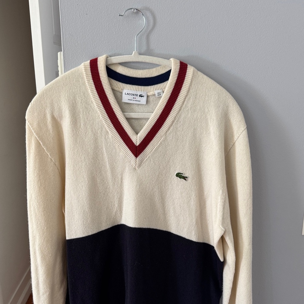 Lacoste Men's V-Neck Sweater in Cream and Black